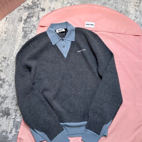 Miu Miu Tops - MIUMIU Women's Reversible Polo Collar Embroidered Long-Sleeve Cashmere Sweater